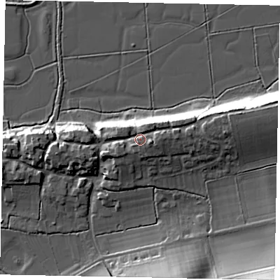 Shaded relief map of the ground around BN189NN, computed from Environment Agency LiDAR. The ground here sits at about 15 m above sea level and falls 29 m across the surrounding 800 m. Surface water reaching this point runs off ground lying to the east-north-east, 7.6 m higher.