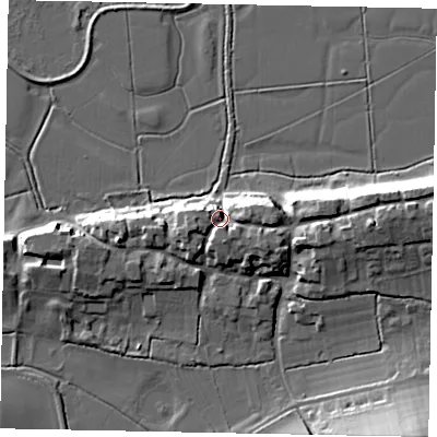 Shaded relief map of the ground around BN189NQ, computed from Environment Agency LiDAR. The ground here sits at about 11 m above sea level and falls 23 m across the surrounding 800 m. Surface water reaching this point runs off ground lying to the east, 8.9 m higher.