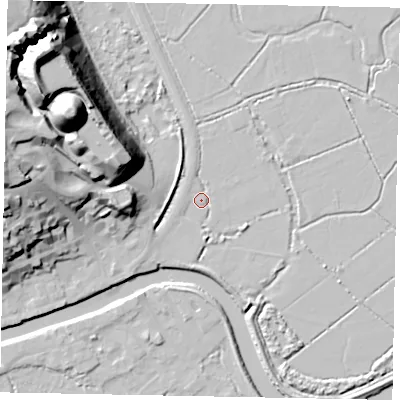 Shaded relief map of the ground around BN189PA, computed from Environment Agency LiDAR. The ground here sits at about 2 m above sea level and falls 47 m across the surrounding 800 m. Surface water reaching this point runs off ground lying to the west, 15.0 m higher.