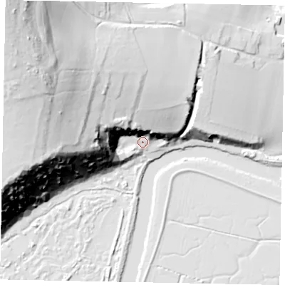 Shaded relief map of the ground around BN189PB, computed from Environment Agency LiDAR. The ground here sits at about 7 m above sea level and falls 95 m across the surrounding 800 m. Surface water reaching this point runs off ground lying to the west-north-west, 86.5 m higher.
