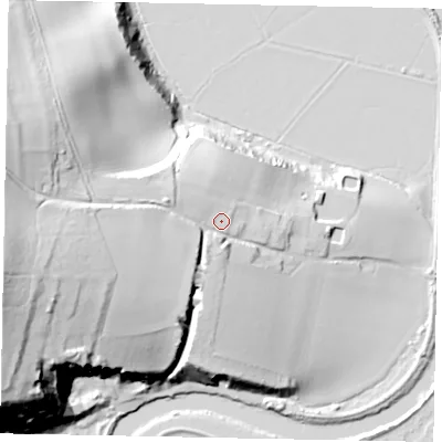 Shaded relief map of the ground around BN189PD, computed from Environment Agency LiDAR. The ground here sits at about 22 m above sea level and falls 67 m across the surrounding 800 m. Surface water reaching this point runs off ground lying to the west-south-west, 43.5 m higher.