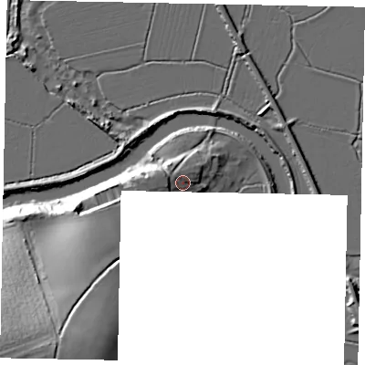 Shaded relief map of the ground around BN189PF, computed from Environment Agency LiDAR. The ground here sits at about 8 m above sea level and falls 42 m across the surrounding 800 m. Surface water reaching this point runs off ground lying to the north-west, 2.6 m higher.