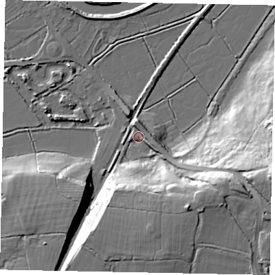 Shaded relief map of the ground around BN189PH, computed from Environment Agency LiDAR. The ground here sits at about 4 m above sea level and falls 33 m across the surrounding 800 m. Surface water reaching this point runs off ground lying to the east-south-east, 26.4 m higher.