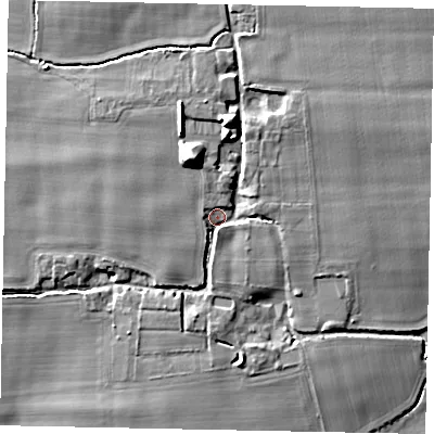 Shaded relief map of the ground around BN189PT, computed from Environment Agency LiDAR. The ground here sits at about 6 m above sea level and falls 13 m across the surrounding 800 m. Surface water reaching this point runs off ground lying to the north-north-west, 8.6 m higher.