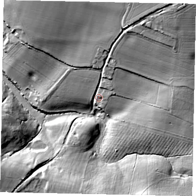 Shaded relief map of the ground around BN189QL, computed from Environment Agency LiDAR. The ground here sits at about 11 m above sea level and falls 32 m across the surrounding 800 m. Surface water reaching this point runs off ground lying to the north-east, 26.4 m higher.