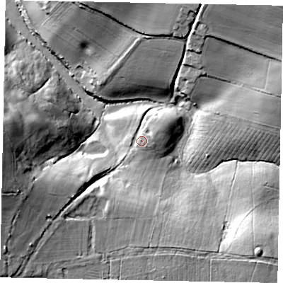 Shaded relief map of the ground around BN189QN, computed from Environment Agency LiDAR. The ground here sits at about 11 m above sea level and falls 30 m across the surrounding 800 m. Surface water reaching this point runs off ground lying to the east-north-east, 2.9 m higher.