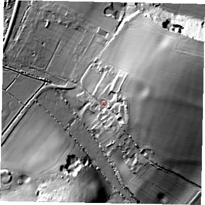 Shaded relief map of the ground around BN189QT, computed from Environment Agency LiDAR. The ground here sits at about 13 m above sea level and falls 36 m across the surrounding 800 m. Surface water reaching this point runs off ground lying to the east-south-east, 13.2 m higher.