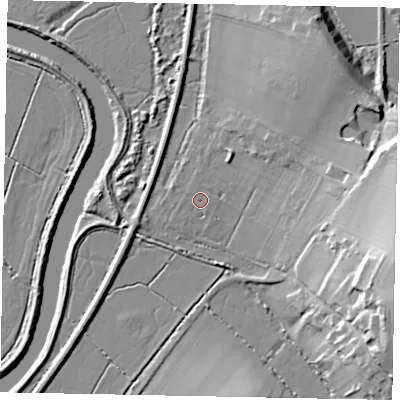 Shaded relief map of the ground around BN189QY, computed from Environment Agency LiDAR. The ground here sits at about 3 m above sea level and falls 26 m across the surrounding 800 m. Surface water reaching this point runs off ground lying to the north-east, 9.9 m higher.