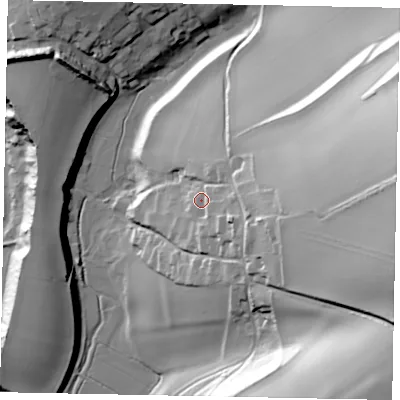 Shaded relief map of the ground around BN189RD, computed from Environment Agency LiDAR. The ground here sits at about 22 m above sea level and falls 70 m across the surrounding 800 m. Surface water reaching this point runs off ground lying to the east, 50.3 m higher.