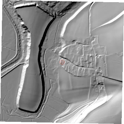 Shaded relief map of the ground around BN189RE, computed from Environment Agency LiDAR. The ground here sits at about 8 m above sea level and falls 63 m across the surrounding 800 m. Surface water reaching this point runs off ground lying to the east, 48.2 m higher.