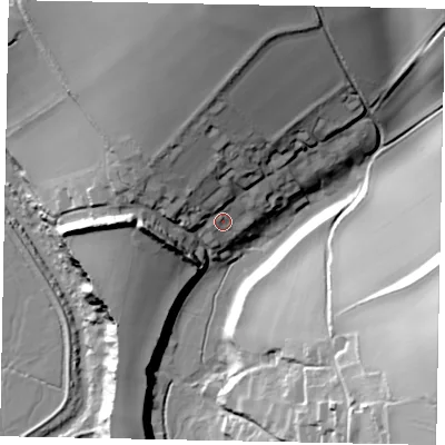 Shaded relief map of the ground around BN189RH, computed from Environment Agency LiDAR. The ground here sits at about 11 m above sea level and falls 51 m across the surrounding 800 m. Surface water reaching this point runs off ground lying to the north-north-west, 14.1 m higher.