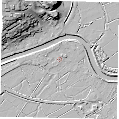 Shaded relief map of the ground around BN189RZ, computed from Environment Agency LiDAR. The ground here sits at about 3 m above sea level and falls 34 m across the surrounding 800 m. Surface water reaching this point runs off ground lying to the north-east, 2.1 m higher.