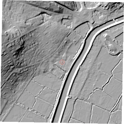Shaded relief map of the ground around BN189SA, computed from Environment Agency LiDAR. The ground here sits at about 3 m above sea level and falls 34 m across the surrounding 800 m. Surface water reaching this point runs off ground lying to the north-north-west, 5.8 m higher.