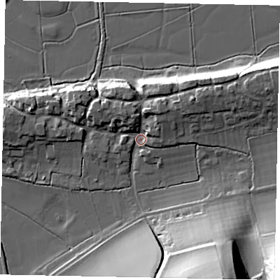 Shaded relief map of the ground around BN189SR, computed from Environment Agency LiDAR. The ground here sits at about 7 m above sea level and falls 44 m across the surrounding 800 m. Surface water reaching this point runs off ground lying to the north, 8.7 m higher.