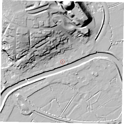 Shaded relief map of the ground around BN189SU, computed from Environment Agency LiDAR. The ground here sits at about 4 m above sea level and falls 47 m across the surrounding 800 m. Surface water reaching this point runs off ground lying to the north-north-west, 5.3 m higher.