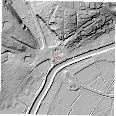 Shaded relief map of the ground around BN189TA, computed from Environment Agency LiDAR. The ground here sits at about 3 m above sea level and falls 35 m across the surrounding 800 m. Surface water reaching this point runs off ground lying to the north, 30.8 m higher.