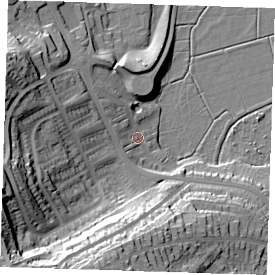 Shaded relief map of the ground around BN212BH, computed from Environment Agency LiDAR. The ground here sits at about 6 m above sea level and falls 47 m across the surrounding 800 m. Surface water reaching this point runs off ground lying to the west-north-west, 5.5 m higher.