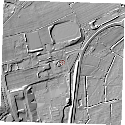 Shaded relief map of the ground around BN212UF, computed from Environment Agency LiDAR. The ground here sits at about 6 m above sea level and falls 20 m across the surrounding 800 m. Surface water reaching this point runs off ground lying to the west-north-west, 5.9 m higher.
