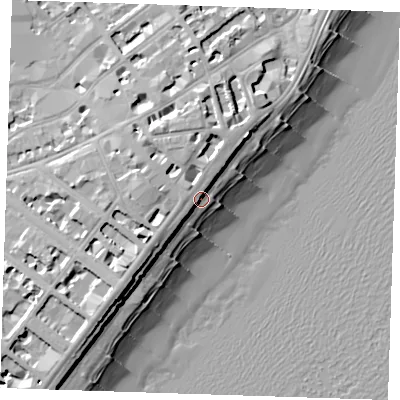 Shaded relief map of the ground around BN213AD, computed from Environment Agency LiDAR. The ground here sits at about 8 m above sea level and falls 16 m across the surrounding 800 m. Surface water reaching this point runs off ground lying to the south-west, 4.8 m higher.