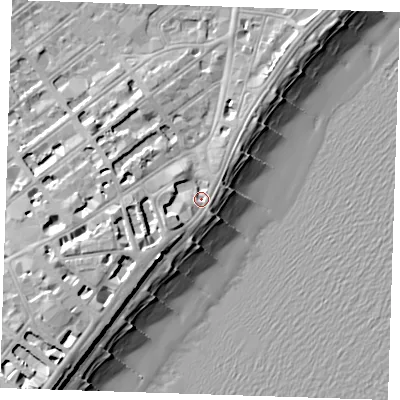 Shaded relief map of the ground around BN213DX, computed from Environment Agency LiDAR. The ground here sits at about 5 m above sea level and falls 16 m across the surrounding 800 m. Surface water reaching this point runs off ground lying to the south-west, 4.2 m higher.