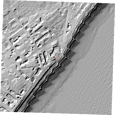 Shaded relief map of the ground around BN213DY, computed from Environment Agency LiDAR. The ground here sits at about 6 m above sea level and falls 16 m across the surrounding 800 m. Surface water reaching this point runs off ground lying to the west, 2.7 m higher.