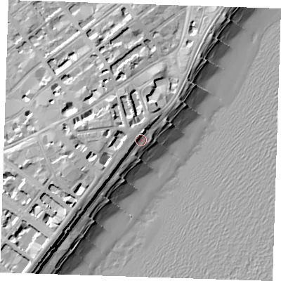 Shaded relief map of the ground around BN213EL, computed from Environment Agency LiDAR. The ground here sits at about 6 m above sea level and falls 16 m across the surrounding 800 m. Surface water reaching this point runs off ground lying to the south-west, 4.5 m higher.
