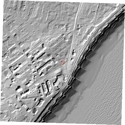 Shaded relief map of the ground around BN213ET, computed from Environment Agency LiDAR. The ground here sits at about 4 m above sea level and falls 15 m across the surrounding 800 m. Surface water reaching this point runs off ground lying to the south-south-west, 5.9 m higher.