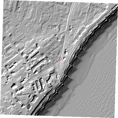 Shaded relief map of the ground around BN213EY, computed from Environment Agency LiDAR. The ground here sits at about 4 m above sea level and falls 15 m across the surrounding 800 m. Surface water reaching this point runs off ground lying to the south-south-west, 6.0 m higher.