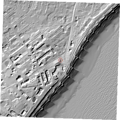 Shaded relief map of the ground around BN213PG, computed from Environment Agency LiDAR. The ground here sits at about 6 m above sea level and falls 15 m across the surrounding 800 m. Surface water reaching this point runs off ground lying to the south-south-west, 5.1 m higher.