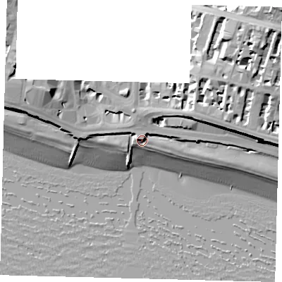 Shaded relief map of the ground around BN21TW, computed from Environment Agency LiDAR. The ground here sits at about 6 m above sea level and falls 43 m across the surrounding 800 m. Surface water reaching this point runs off ground lying to the north-north-east, 3.7 m higher.