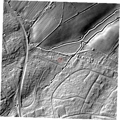Shaded relief map of the ground around BN220RR, computed from Environment Agency LiDAR. The ground here sits at about 9 m above sea level and falls 12 m across the surrounding 800 m. Surface water reaching this point runs off ground lying to the south, 8.7 m higher.
