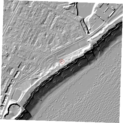 Shaded relief map of the ground around BN227AA, computed from Environment Agency LiDAR. The ground here sits at about 4 m above sea level and falls 12 m across the surrounding 800 m. Surface water reaching this point runs off ground lying to the south-east, 2.8 m higher.