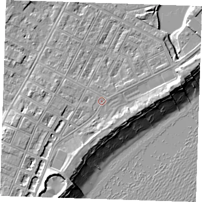 Shaded relief map of the ground around BN227AB, computed from Environment Agency LiDAR. The ground here sits at about 4 m above sea level and falls 12 m across the surrounding 800 m. The ground contributing surface water to this point lies to the west.