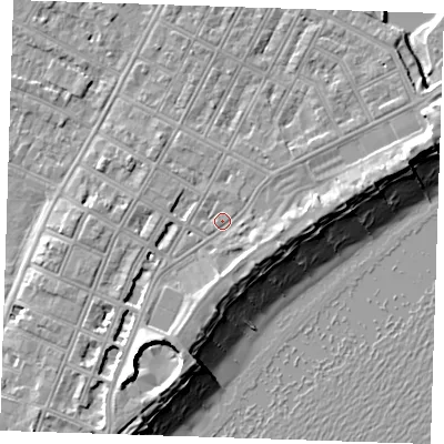 Shaded relief map of the ground around BN227AD, computed from Environment Agency LiDAR. The ground here sits at about 4 m above sea level and falls 12 m across the surrounding 800 m. Surface water reaching this point runs off ground lying to the south-south-west, 5.6 m higher.