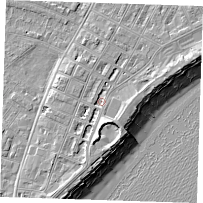 Shaded relief map of the ground around BN227AF, computed from Environment Agency LiDAR. The ground here sits at about 3 m above sea level and falls 12 m across the surrounding 800 m. Surface water reaching this point runs off ground lying to the south, 2.0 m higher.