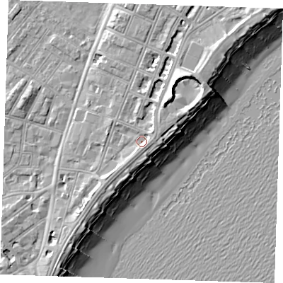 Shaded relief map of the ground around BN227AH, computed from Environment Agency LiDAR. The ground here sits at about 5 m above sea level and falls 12 m across the surrounding 800 m. Surface water reaching this point runs off ground lying to the south-east, 1.7 m higher.