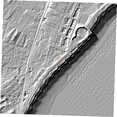 Shaded relief map of the ground around BN227AJ, computed from Environment Agency LiDAR. The ground here sits at about 5 m above sea level and falls 12 m across the surrounding 800 m. Surface water reaching this point runs off ground lying to the south-south-west, 1.9 m higher.