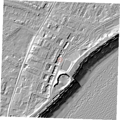 Shaded relief map of the ground around BN227AL, computed from Environment Agency LiDAR. The ground here sits at about 3 m above sea level and falls 12 m across the surrounding 800 m. Surface water reaching this point runs off ground lying to the south, 2.0 m higher.