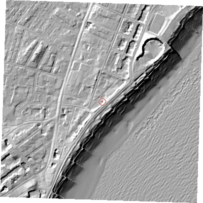 Shaded relief map of the ground around BN227AN, computed from Environment Agency LiDAR. The ground here sits at about 5 m above sea level and falls 12 m across the surrounding 800 m. Surface water reaching this point runs off ground lying to the east, 1.8 m higher.