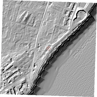 Shaded relief map of the ground around BN227AP, computed from Environment Agency LiDAR. The ground here sits at about 5 m above sea level and falls 13 m across the surrounding 800 m. Surface water reaching this point runs off ground lying to the south-south-east, 1.9 m higher.