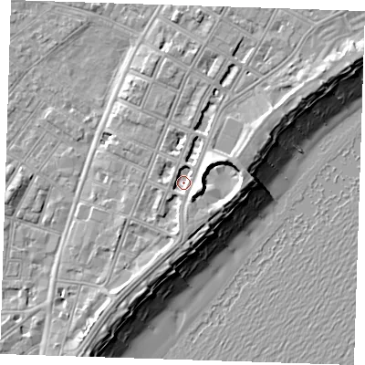 Shaded relief map of the ground around BN227AQ, computed from Environment Agency LiDAR. The ground here sits at about 4 m above sea level and falls 12 m across the surrounding 800 m. Surface water reaching this point runs off ground lying to the north-east, 2.4 m higher.