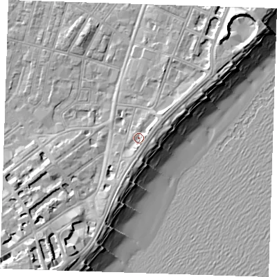 Shaded relief map of the ground around BN227AR, computed from Environment Agency LiDAR. The ground here sits at about 5 m above sea level and falls 14 m across the surrounding 800 m. Surface water reaching this point runs off ground lying to the south-south-east, 2.0 m higher.