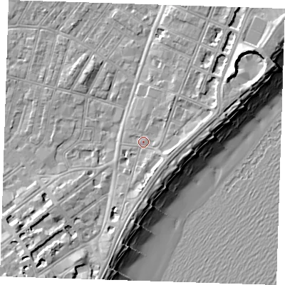 Shaded relief map of the ground around BN227AS, computed from Environment Agency LiDAR. The ground here sits at about 4 m above sea level and falls 12 m across the surrounding 800 m. Surface water reaching this point runs off ground lying to the east-south-east, 2.8 m higher.