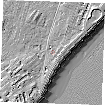 Shaded relief map of the ground around BN227AU, computed from Environment Agency LiDAR. The ground here sits at about 4 m above sea level and falls 13 m across the surrounding 800 m. Surface water reaching this point runs off ground lying to the south-east, 2.6 m higher.