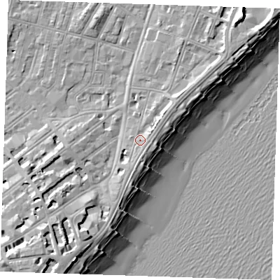 Shaded relief map of the ground around BN227AX, computed from Environment Agency LiDAR. The ground here sits at about 5 m above sea level and falls 14 m across the surrounding 800 m. Surface water reaching this point runs off ground lying to the north-east, 2.2 m higher.