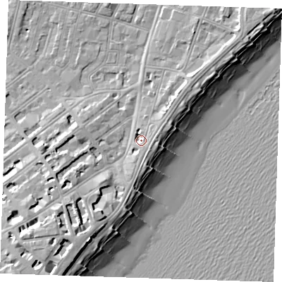 Shaded relief map of the ground around BN227AY, computed from Environment Agency LiDAR. The ground here sits at about 5 m above sea level and falls 15 m across the surrounding 800 m. Surface water reaching this point runs off ground lying to the south-south-west, 1.9 m higher.