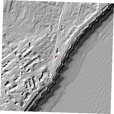 Shaded relief map of the ground around BN227BB, computed from Environment Agency LiDAR. The ground here sits at about 4 m above sea level and falls 15 m across the surrounding 800 m. Surface water reaching this point runs off ground lying to the south-south-west, 3.2 m higher.
