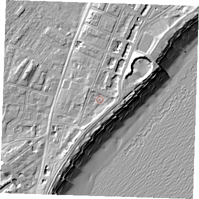 Shaded relief map of the ground around BN227BE, computed from Environment Agency LiDAR. The ground here sits at about 5 m above sea level and falls 12 m across the surrounding 800 m. Surface water reaching this point runs off ground lying to the south, 2.1 m higher.