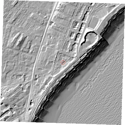 Shaded relief map of the ground around BN227BN, computed from Environment Agency LiDAR. The ground here sits at about 5 m above sea level and falls 12 m across the surrounding 800 m. Surface water reaching this point runs off ground lying to the south-south-east, 2.1 m higher.