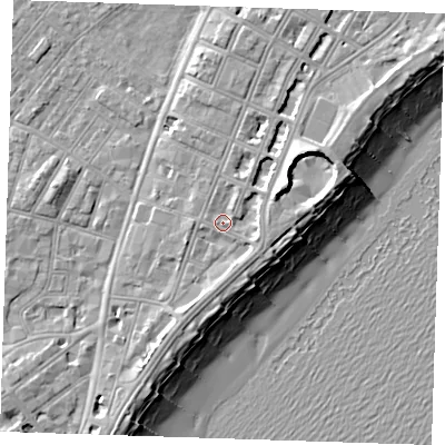 Shaded relief map of the ground around BN227BS, computed from Environment Agency LiDAR. The ground here sits at about 5 m above sea level and falls 12 m across the surrounding 800 m. Surface water reaching this point runs off ground lying to the east-north-east, 4.9 m higher.